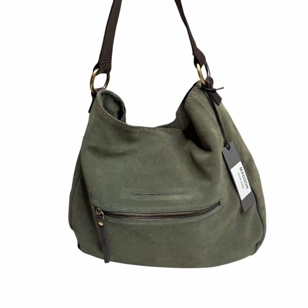 CARLA MANCINI Green Brown‎ Suede Leather Shoulder Hobo Bag NWT Slouchy